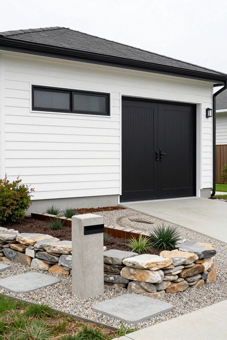 White clapboard garage with black double doors, concrete pillar mailbox, rock wall garden bed with gravel and plants, and concrete driveway.