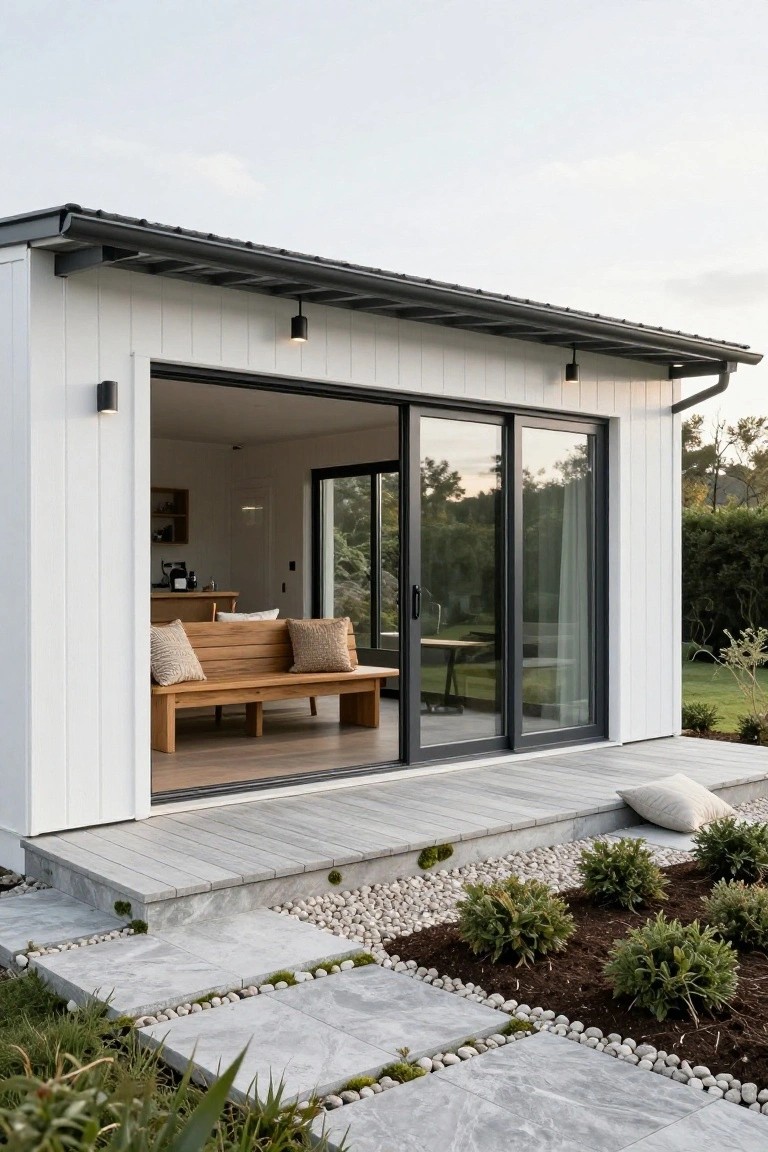 White wooden cabin exterior with large open black-framed sliding glass doors revealing a wooden bench and kitchen inside, gray deck, stone steps, and surrounding shrubs and pebbles.