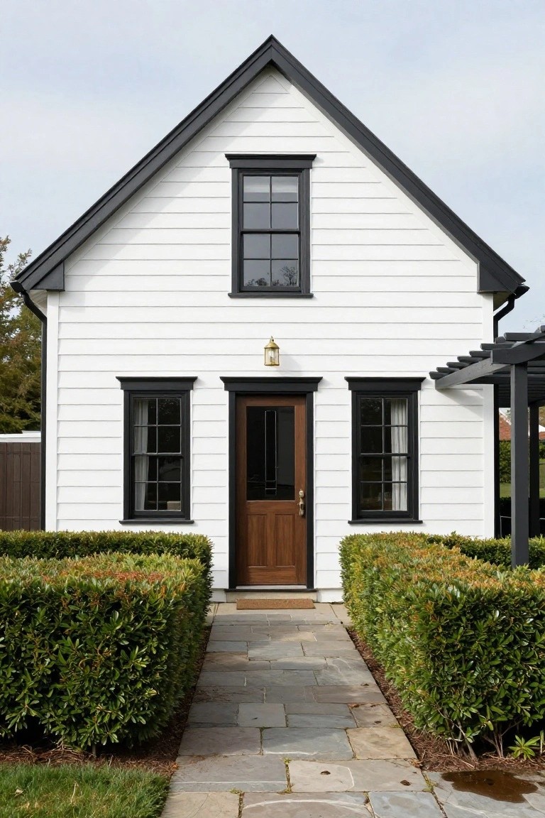 Front view of a small white clapboard house with black trim on the gabled roofline, double-hung windows, and entry door, flanked by boxwood hedges and a slate path leading to steps.