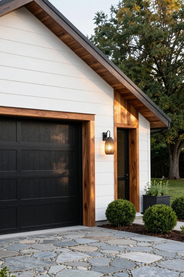 White board and batten siding house exterior featuring dark wood garage door with wood beam framing, wood-trimmed glass entry door, rattan lantern light, boxwood shrubs in black planters, and flagstone pebble path.