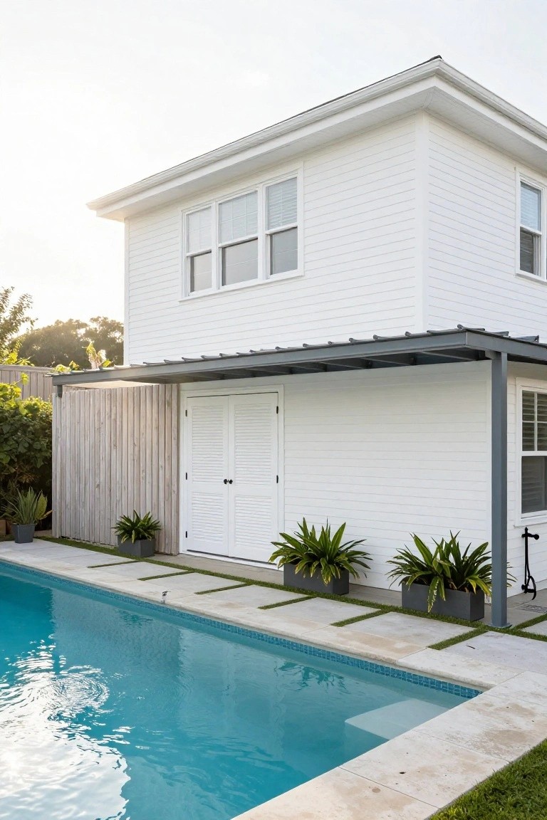 White wooden house exterior with vertical board siding, gray metal carport over double louvered garage doors, adjacent turquoise pool with tiled edges, travertine decking, and potted plants.