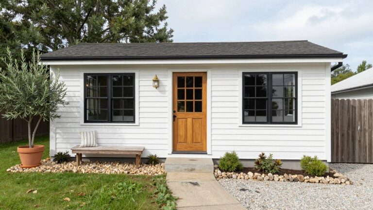 White board-and-batten house exterior with wooden glass-paneled front door, black-framed window, wooden bench with cushion, concrete steps, stone walkway, gravel bed, potted olive tree, and low edging plants.