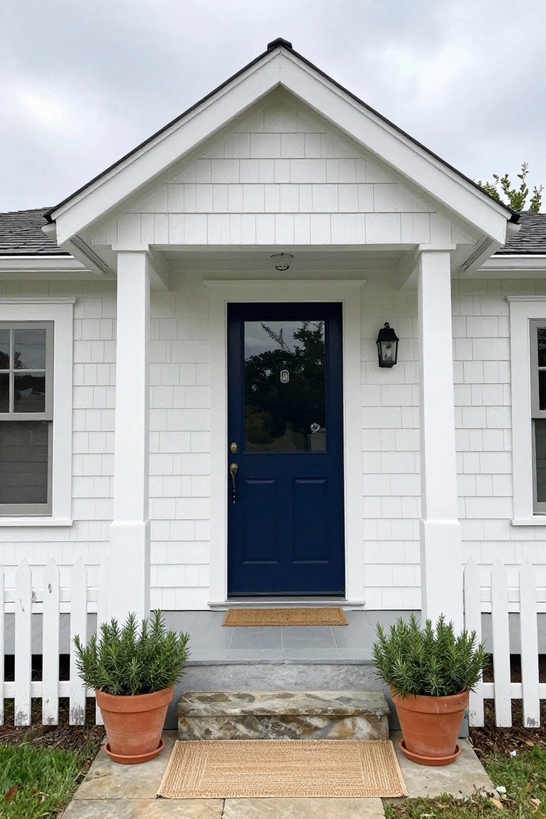White shingle-style house facade with gabled porch supported by columns, navy blue glass-paneled front door, lantern light, stone steps, terracotta pots with rosemary plants, and white picket fence.