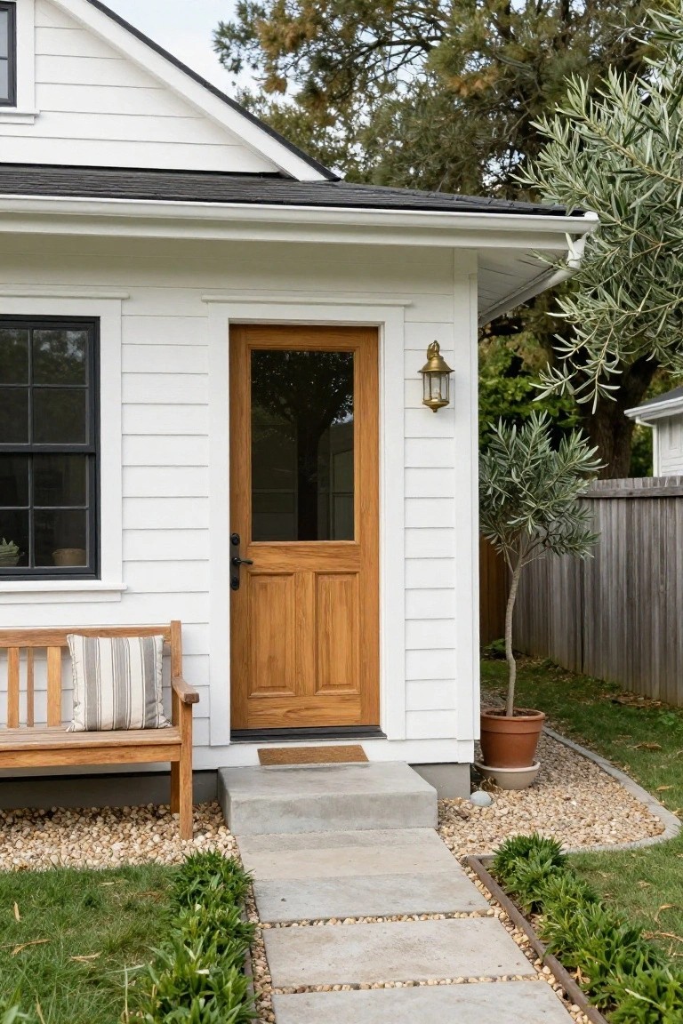 White board-and-batten house exterior with wooden glass-paneled front door, black-framed window, wooden bench with cushion, concrete steps, stone walkway, gravel bed, potted olive tree, and low edging plants.