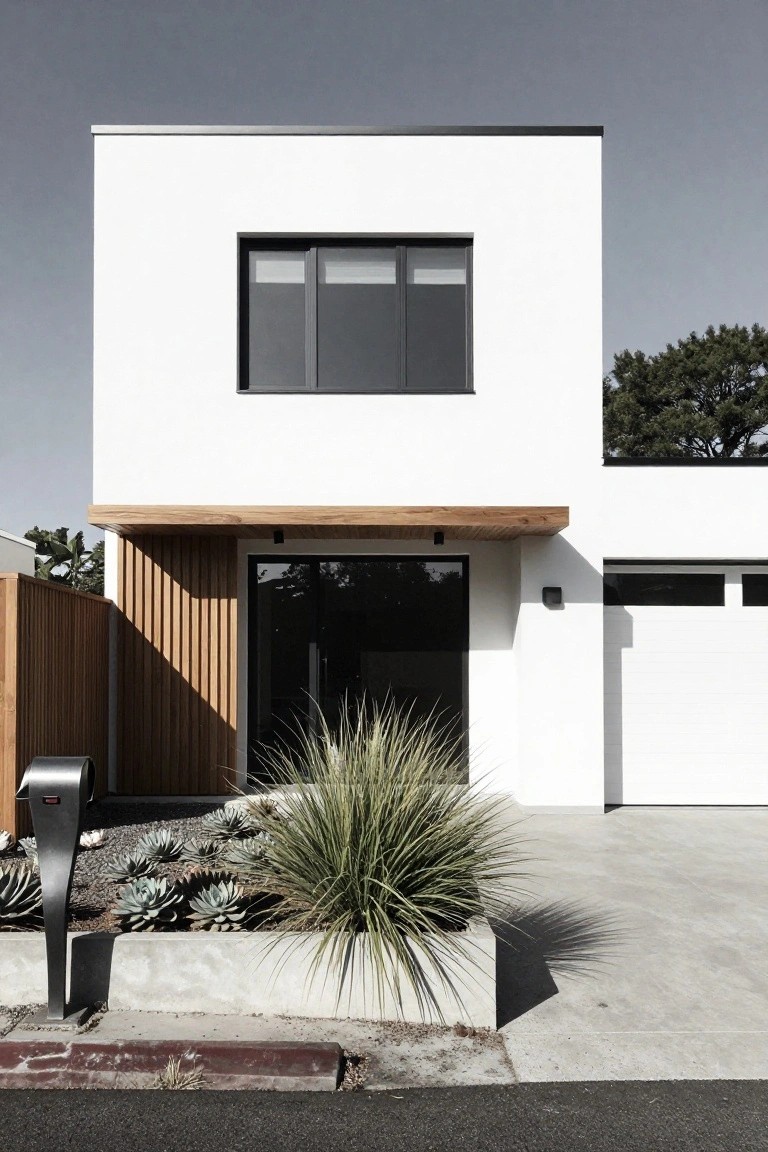 Modern white rectangular house exterior with vertical wood cladding and cantilevered wooden awning over the glass entry door, agave plants in a raised bed, and white garage door on a concrete driveway.