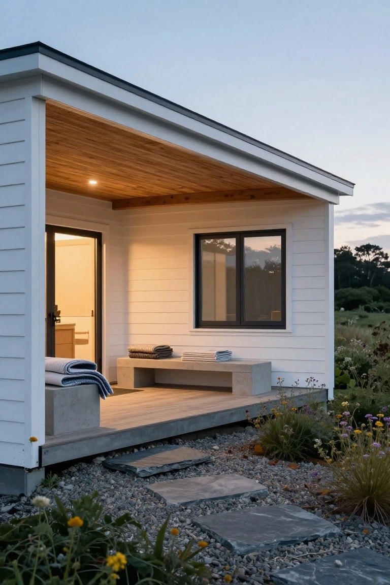 Small white shiplap house exterior with covered porch, wooden plank ceiling, concrete bench with folded towels and blankets, open sliding glass door revealing interior, gravel path with stone steps and native plants at twilight.