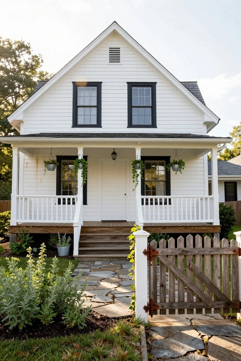 A white clapboard house with black-framed double-hung windows, a wraparound front porch with hanging plants, wooden steps, a picket gate, and low plants along a stone path.