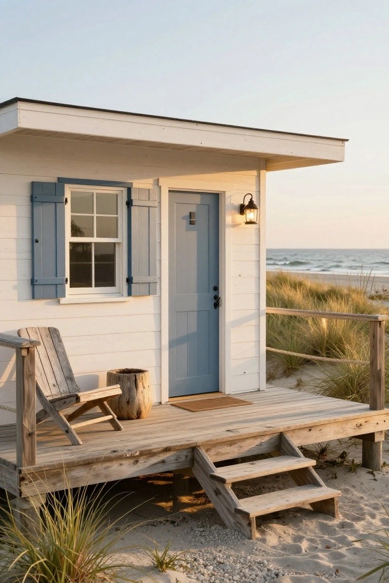 Small white clapboard beach house elevated on wooden pilings with blue door and shutters, wooden porch deck with Adirondack chair and stump side table, steps to sand, sea grass, and ocean in background.