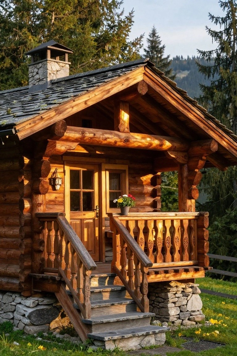 Small wooden log cabin with dark shingled roof, stone chimney, covered front porch with carved wooden railings and steps, double glass doors, potted flowers, surrounded by pine trees and mountains.