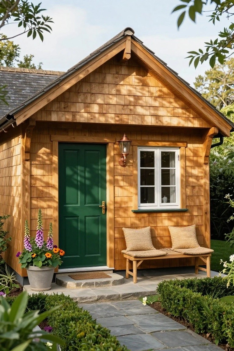 Small gabled wooden house with horizontal shingle siding, green paneled door, copper lantern, white double window, rattan bench, potted foxgloves and flowers, slate steps and path, boxwood hedges, and surrounding greenery.