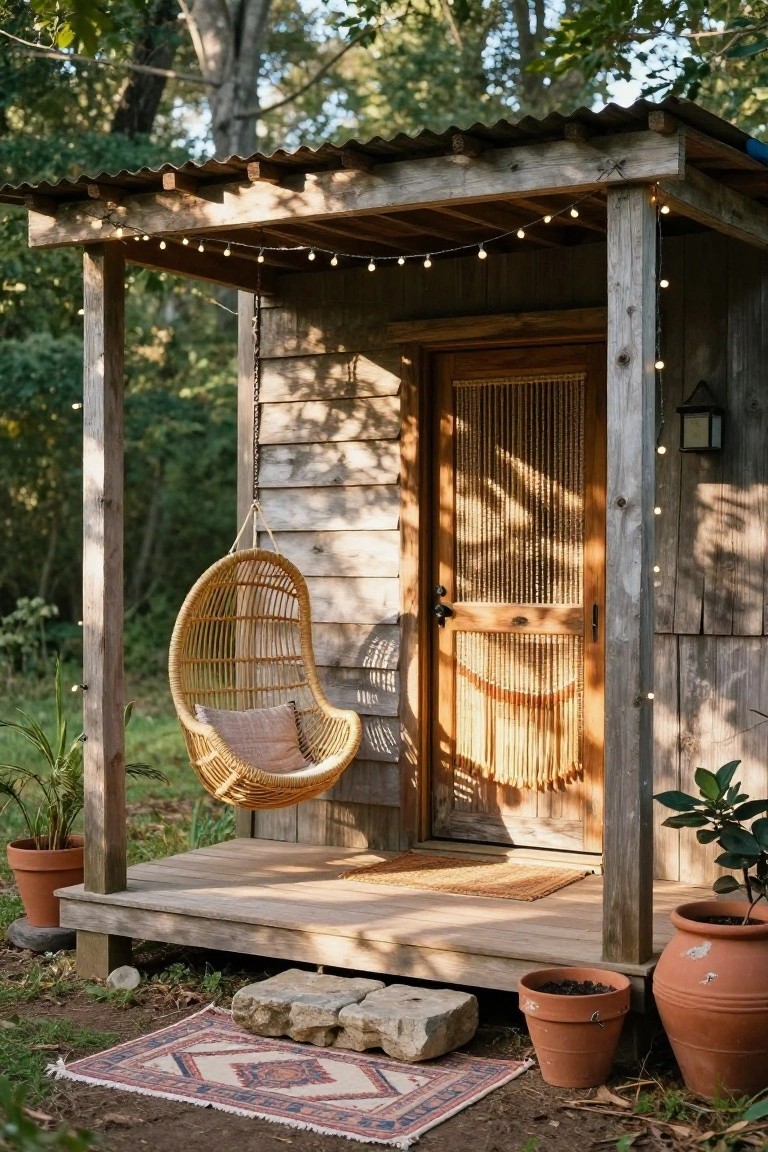 Small rustic wooden cabin with corrugated metal roof and covered front porch featuring a hanging rattan egg chair swing with cushions, string lights, potted plants, beaded screen door, woven doormat, and terracotta pots on a wooden deck amid greenery.