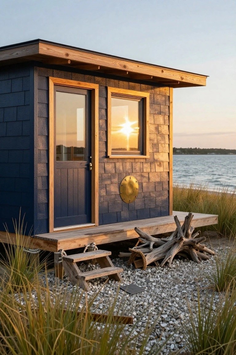 Small elevated wooden cabin with dark shingle siding, wood-framed glass door and window, gold porthole detail, on deck with steps amid beach grass, pebbles, and driftwood by the ocean at sunset.