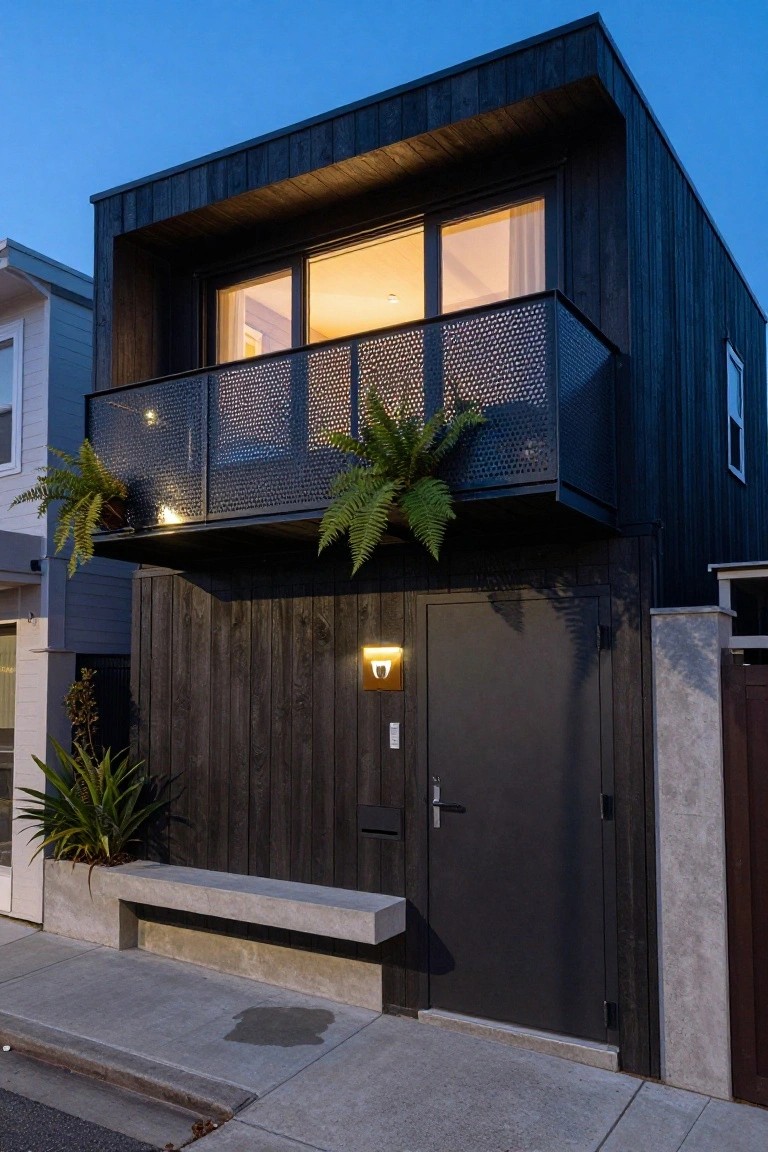 Two-story small house with black vertical wood cladding at dusk, featuring a lit balcony with potted ferns, metal screen railing, front door with light, plants at base, and concrete bench on sidewalk.