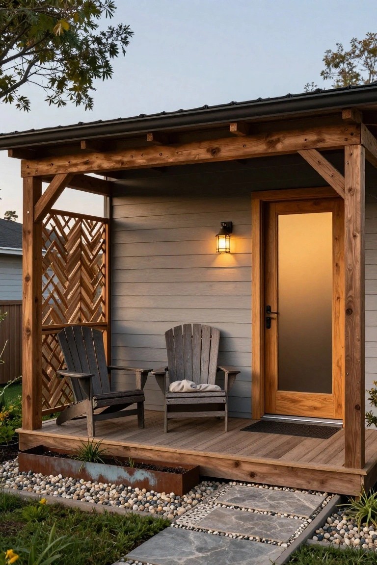 Small gray-sided house with covered wooden porch supported by exposed beams, lattice privacy screen, two Adirondack chairs on deck, wall lantern beside frosted glass door, gravel path and plants in yard.