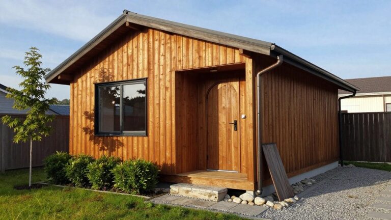 18 Inspiring Small Wooden House Exterior Ideas for Compact Living Side view of a small single-story wooden house with horizontal golden-brown plank siding, black-framed tall window and arched glass door under a covered porch supported by timber posts, flanked by green boxwood hedges, stone steps, gravel path, and lawn.