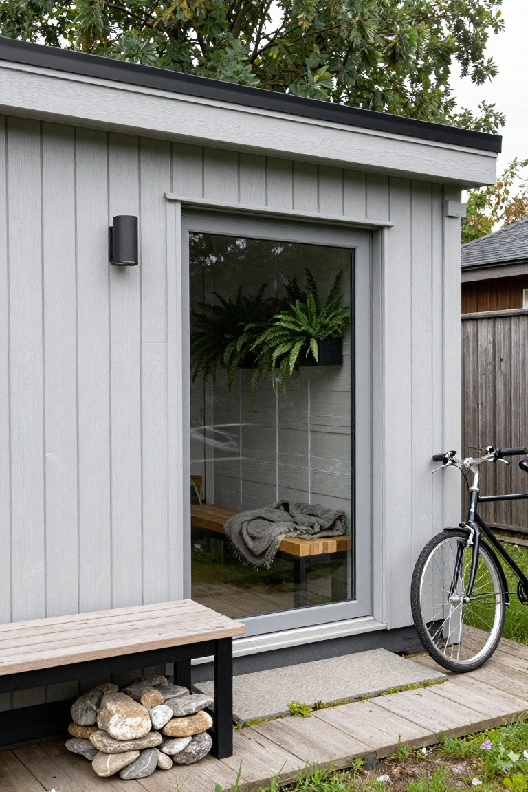 Gray vertical wood-clad small shed with black frame roof, large frameless glass sliding door showing interior wooden bench with gray blanket, wall-mounted black light fixture, potted fern plant next to door, leaning black bicycle, and exterior wooden bench with stacked rocks underneath on a wooden deck path.
