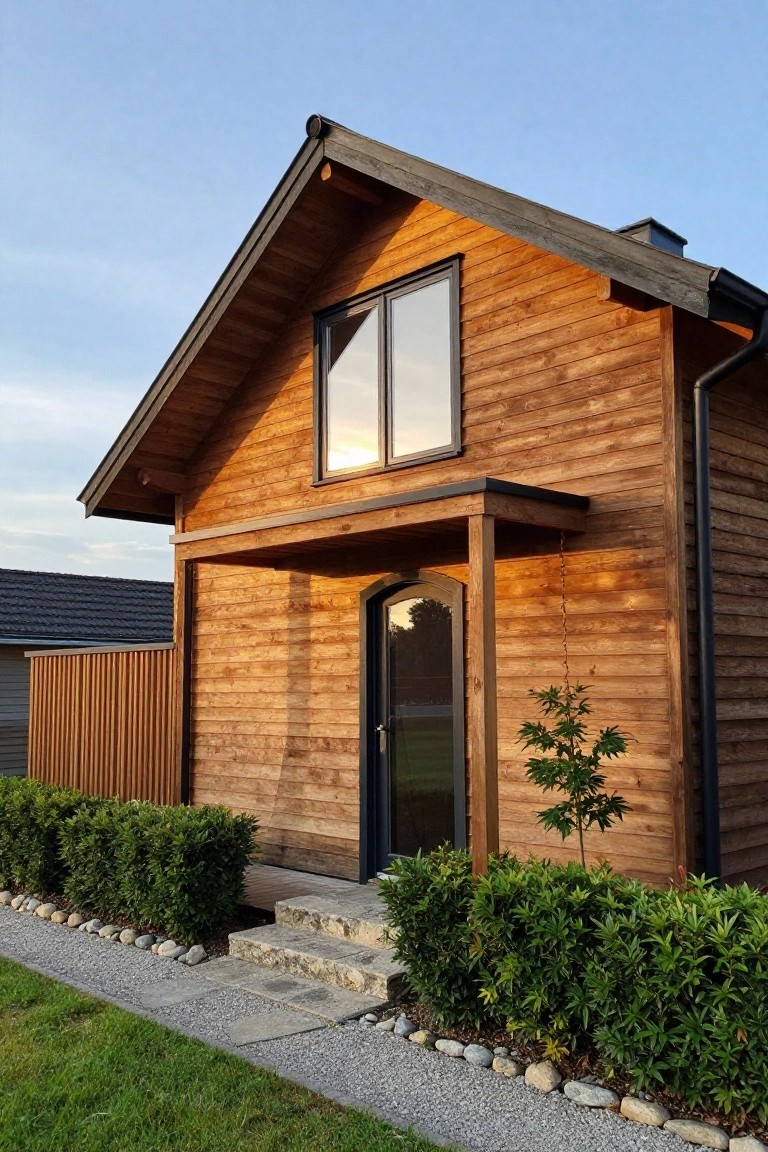 Side view of a small single-story wooden house with horizontal golden-brown plank siding, black-framed tall window and arched glass door under a covered porch supported by timber posts, flanked by green boxwood hedges, stone steps, gravel path, and lawn.