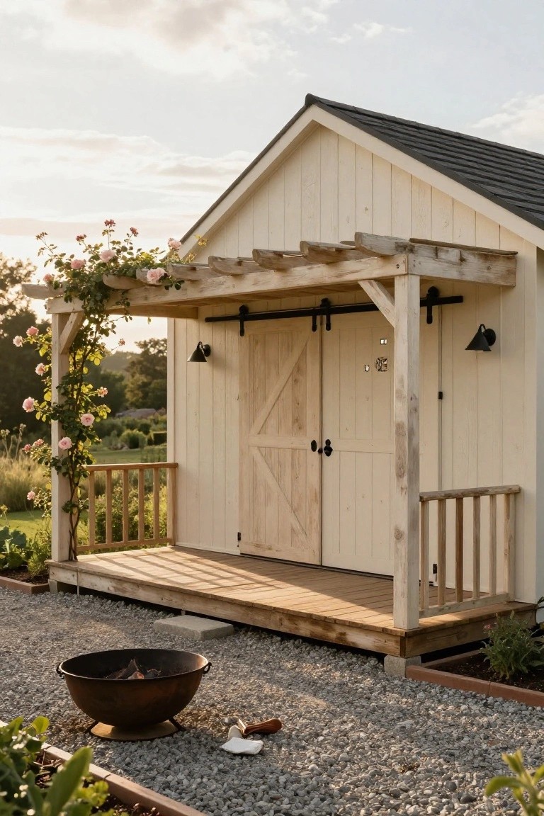 Small white shiplap-sided wooden shed with gable roof, double sliding barn doors, front deck porch under wooden pergola draped in pink climbing roses, wall lanterns, railing, fire pit on gravel ground, and garden plantings around.