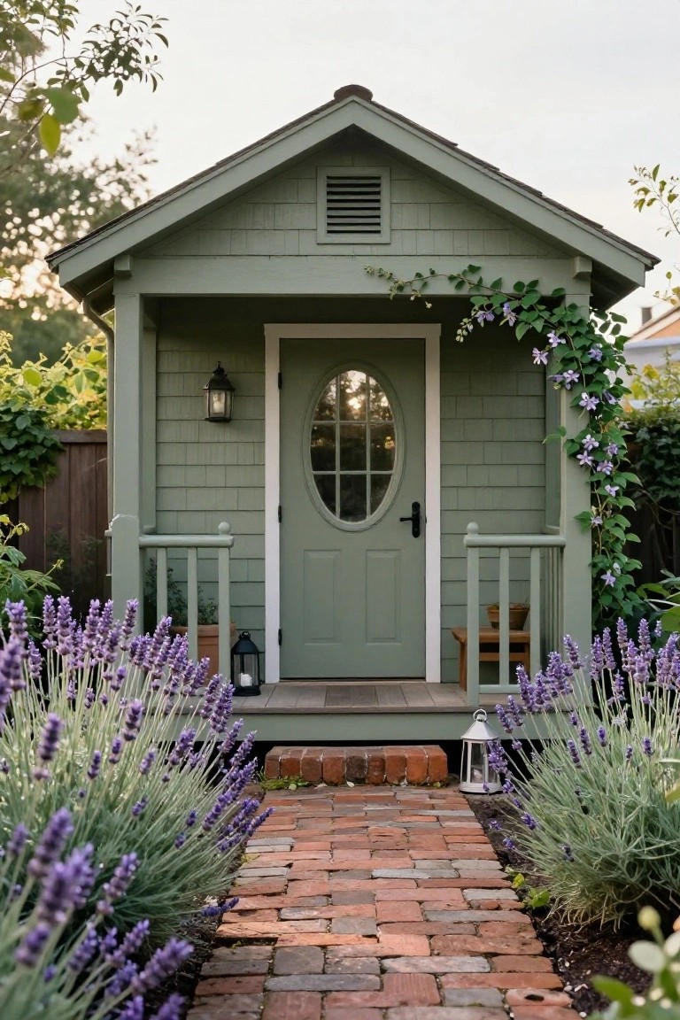 Small sage green wooden shingled garden shed with gabled roof, covered porch, oval window door, lantern lights, climbing vines, lavender plants, and brick pathway.