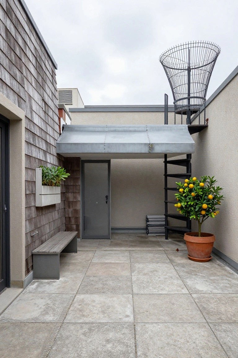 Rooftop terrace with light gray tiled floor, wooden bench against shingled wall, gray metal door under awning, spiral metal staircase, potted orange tree, wall-mounted plant box, and tall wire basket structure.