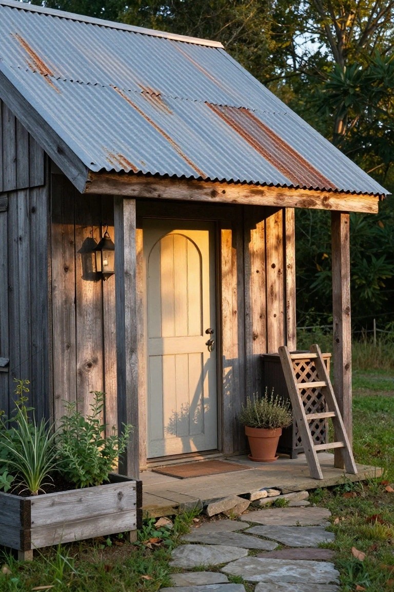 Small wooden shed with grayed siding, rusted corrugated metal roof, arched door on a covered porch, potted plants, wooden planter box, and stone path in a garden setting.