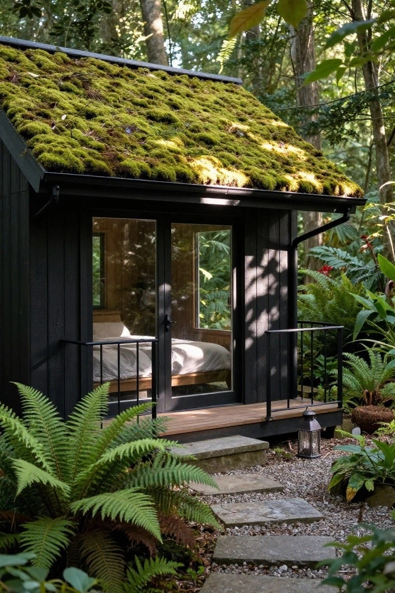Small black wooden cabin with a thick moss-covered green roof, large glass sliding doors revealing a bed inside, wooden deck with railing, surrounded by ferns, stone path, and forest trees.