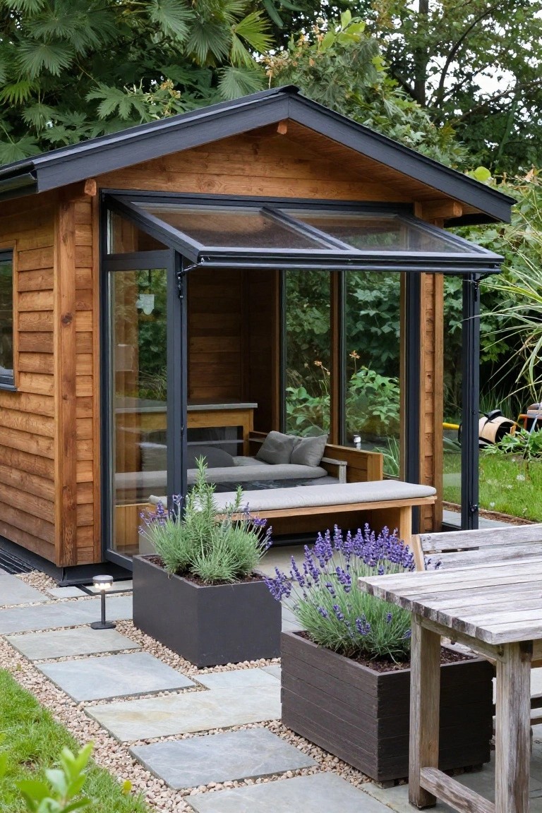 Small wooden cabin with dark shingled roof, light wood siding, and large black-framed folding glass panels opening to a patio with built-in bench seat, potted lavender plants, and a wooden table on stone pavers amid greenery.