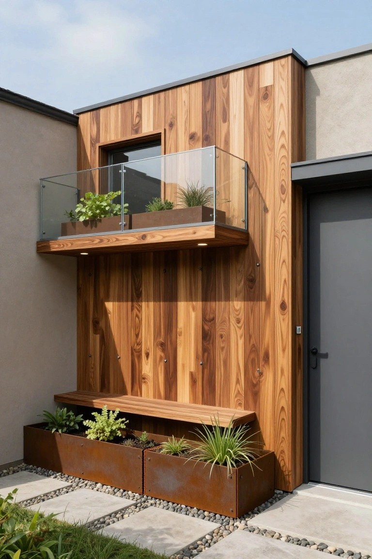 Corner view of a modern house exterior with vertical dark wood cladding on one wall, a protruding wooden balcony with glass railing and potted plants, a built-in wooden bench below, two Corten steel planters with greenery, concrete pavers, and pebble ground cover leading to a gray metal door.