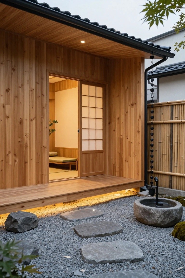 Small wooden house exterior with vertical cedar plank siding, open shoji screen door, wooden veranda, black roof tiles, bamboo fence, gravel garden, stepping stones, and stone water basin.
