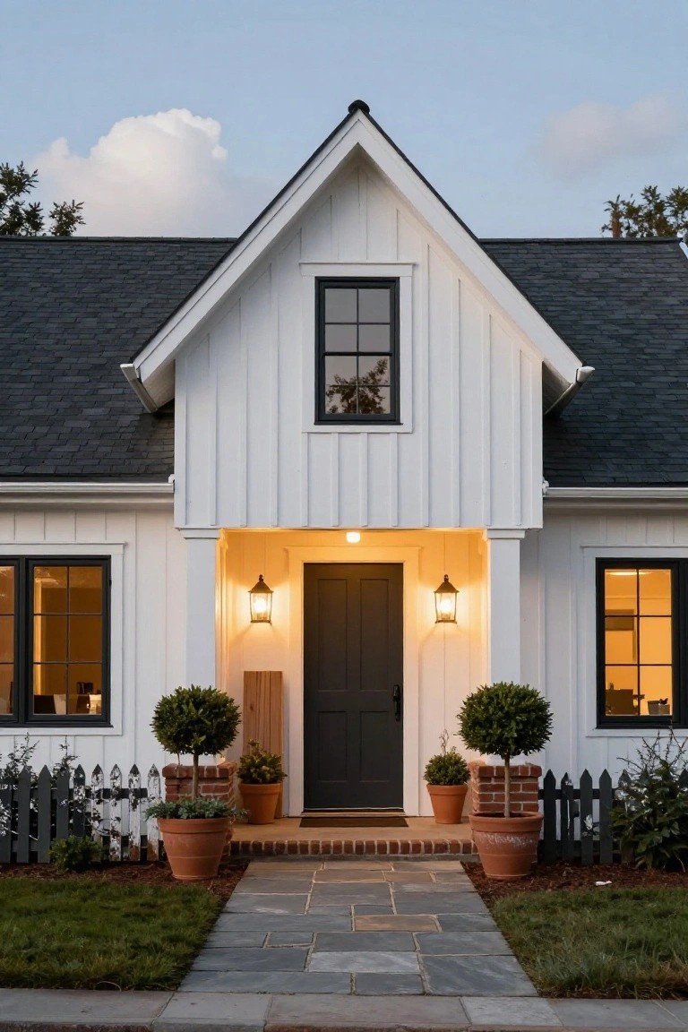 White board-and-batten house exterior with gable roof, black-framed windows, dark shingle roofing, black front door lit by lanterns, potted boxwood plants, and brick pathway leading to picket fence.