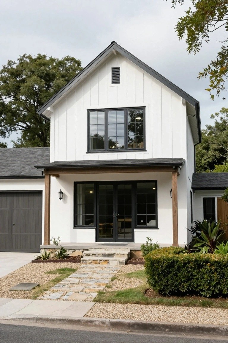 A two-story white board-and-batten house with black trim, gabled roof, large black-framed upper window, covered front porch with wooden posts and black double doors, attached gray garage, stone entry steps, gravel yard with low plants and shrubs, oak trees, under cloudy sky.