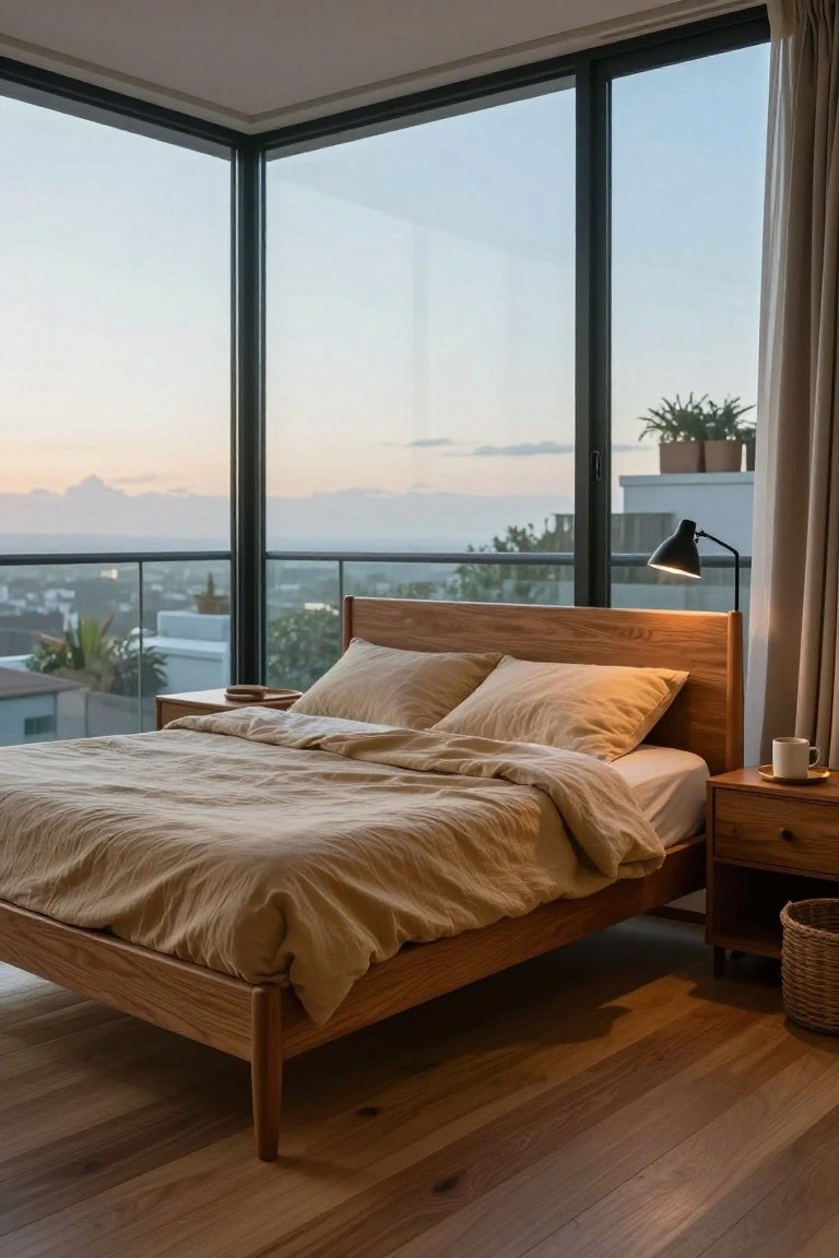 Modern bedroom with wooden bed frame and beige linen bedding, wooden nightstand with lamp and mug, hardwood floors, and large corner floor-to-ceiling glass windows overlooking a sunset cityscape and hills.