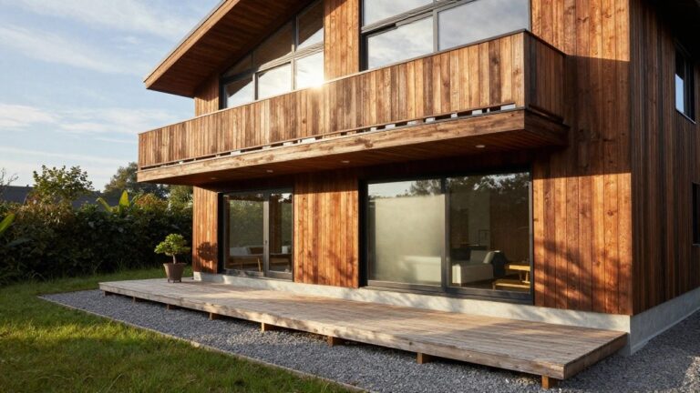 22 Luxurious Wood and Glass Architecture Ideas for a Light Filled Look A two-story modern house with vertical wood siding, black metal window frames, large glass panels and doors, a wooden balcony and deck, stone steps, and surrounding garden path with grasses.