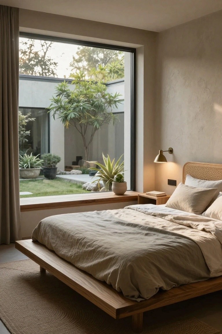 A minimalist bedroom featuring a low wooden platform bed with beige linens and rattan headboard, beside a nightstand with lamp and plant, next to a large floor-to-ceiling window overlooking a courtyard garden with trees, grasses, rocks, and potted plants.