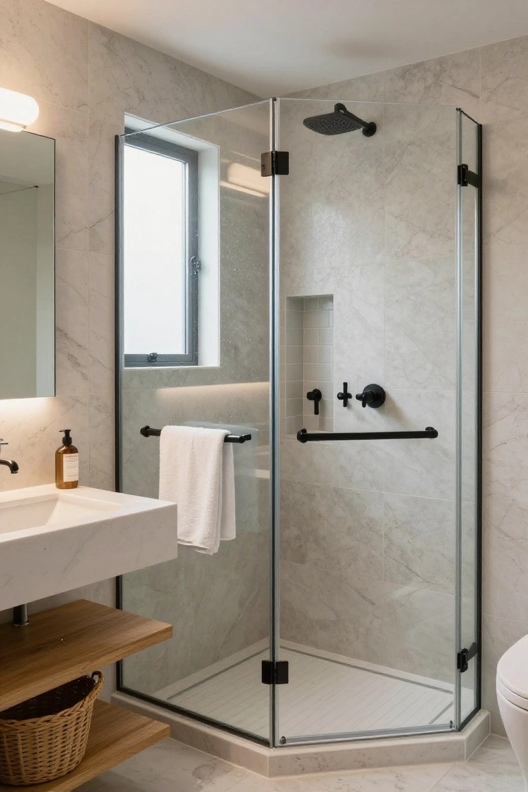 Corner frameless glass shower enclosure with black rain showerhead and fixtures in a marble-tiled bathroom, featuring a floating white sink on wood shelf with wicker basket, towel bar, and toilet.