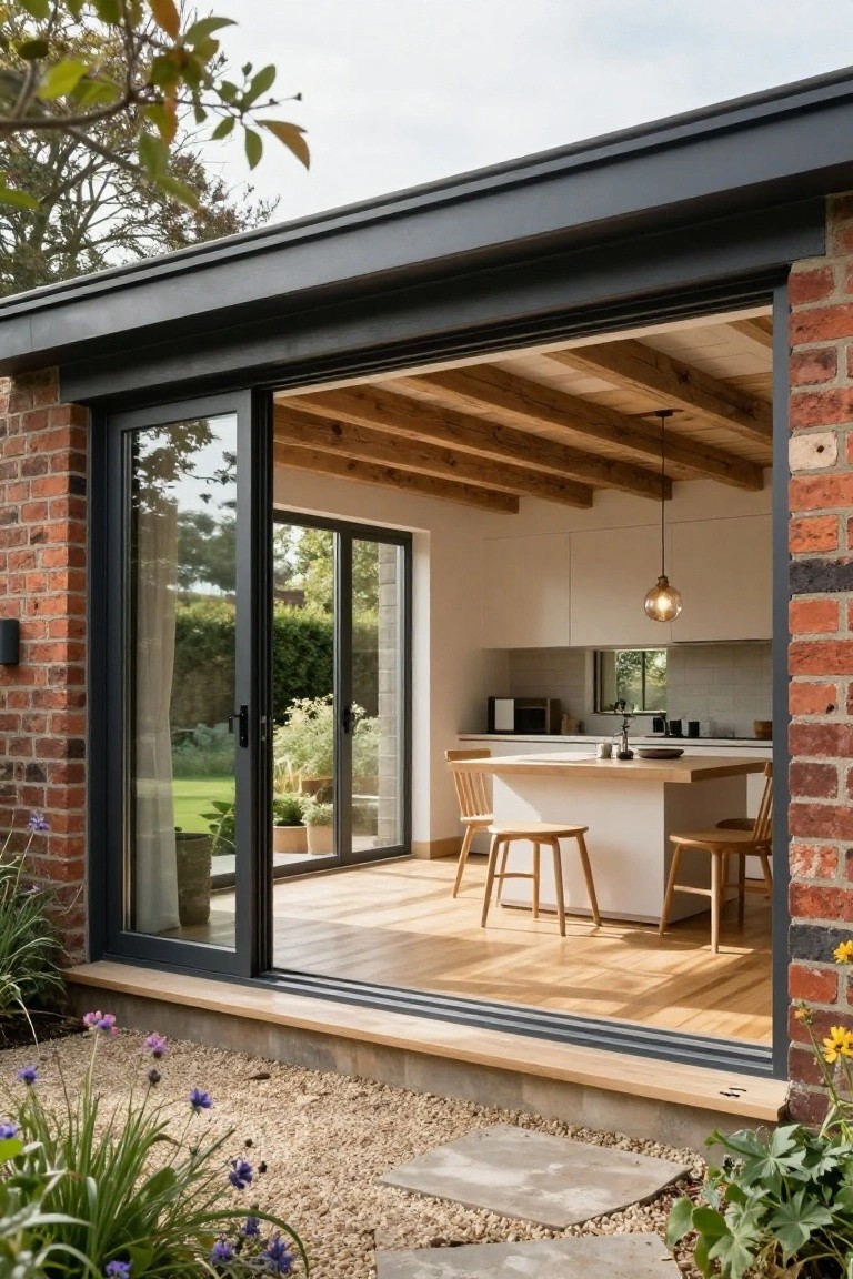 Brick-walled house extension with tall open black-framed sliding glass doors revealing a white kitchen with exposed wooden ceiling beams, central island, oak flooring, and wooden stools, next to a gravel patio edged with plants and stone slabs.