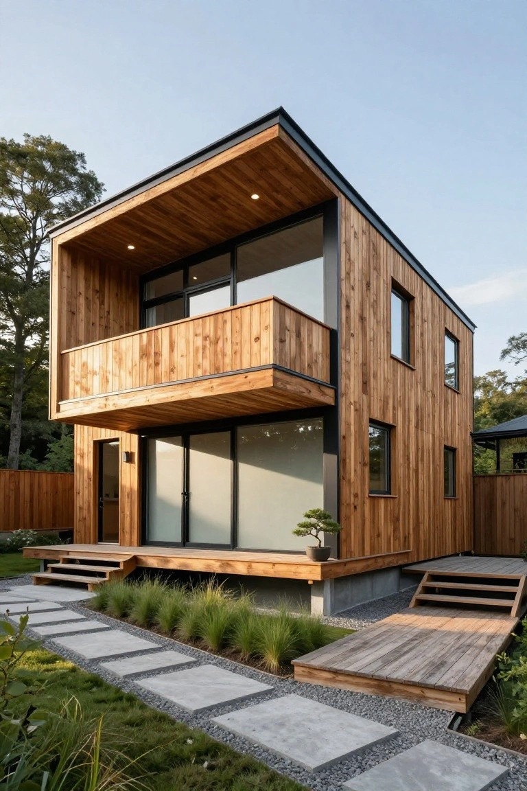 A two-story modern house with vertical wood siding, black metal window frames, large glass panels and doors, a wooden balcony and deck, stone steps, and surrounding garden path with grasses.