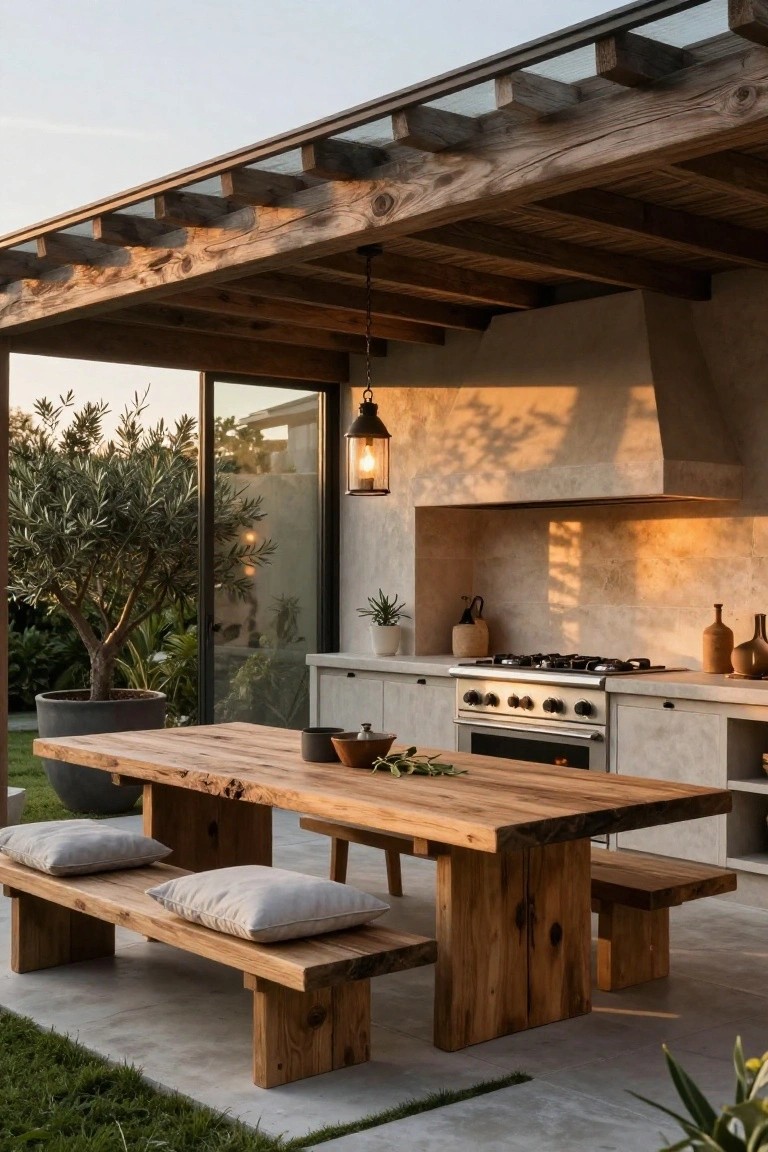 Outdoor kitchen with beige stucco counters, gas range, oven, and large live-edge wooden table with benches under wooden beam pergola next to glass sliding doors, potted plants, and garden.