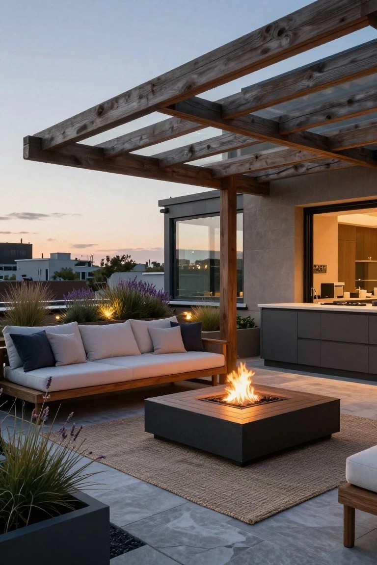 Rooftop terrace under wooden pergola with low beige sofa, black square fire table burning, potted grasses and lavender, gray tile floor, and open glass doors to dark wood kitchen at dusk.