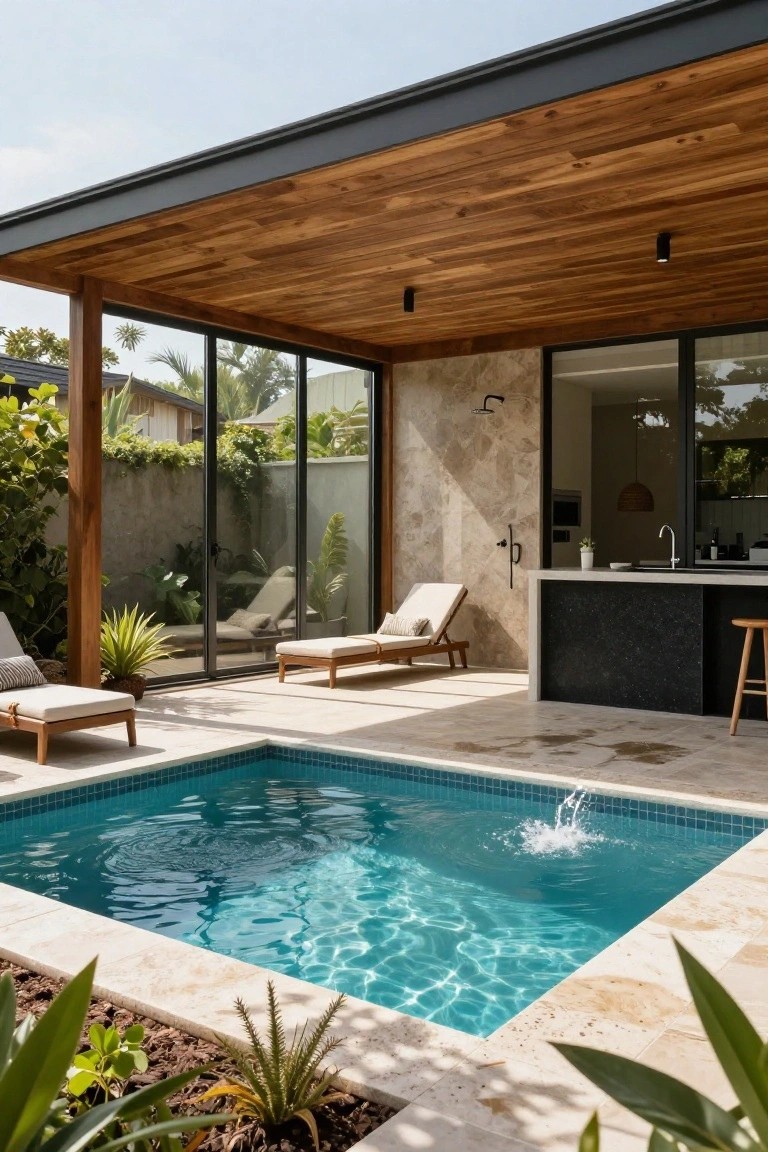Small turquoise-tiled plunge pool on a travertine patio under wooden pergola with beams, next to glass house walls, outdoor kitchen bar with black top, wooden loungers, plants, and shower.