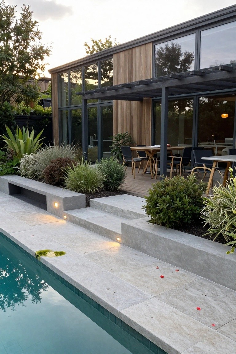 Modern house exterior with cedar wood cladding and large glass walls adjacent to a wooden deck featuring outdoor dining tables and chairs under a black pergola, concrete steps leading to a pool edged with built-in benches and planters amid various shrubs and grasses.