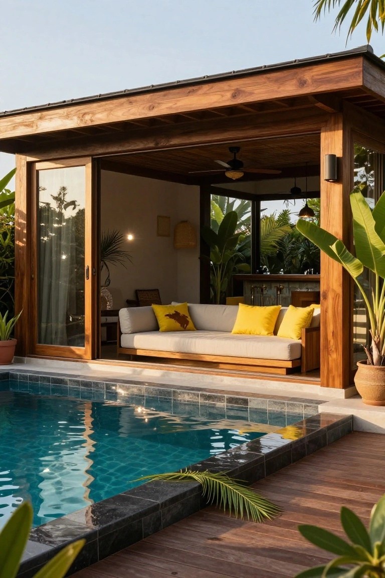 Wooden pavilion with open sliding glass doors adjacent to an infinity-edge pool, featuring a low beige daybed with yellow pillows, wooden bar counter, ceiling fan, potted plants, and tropical foliage on a wooden deck.