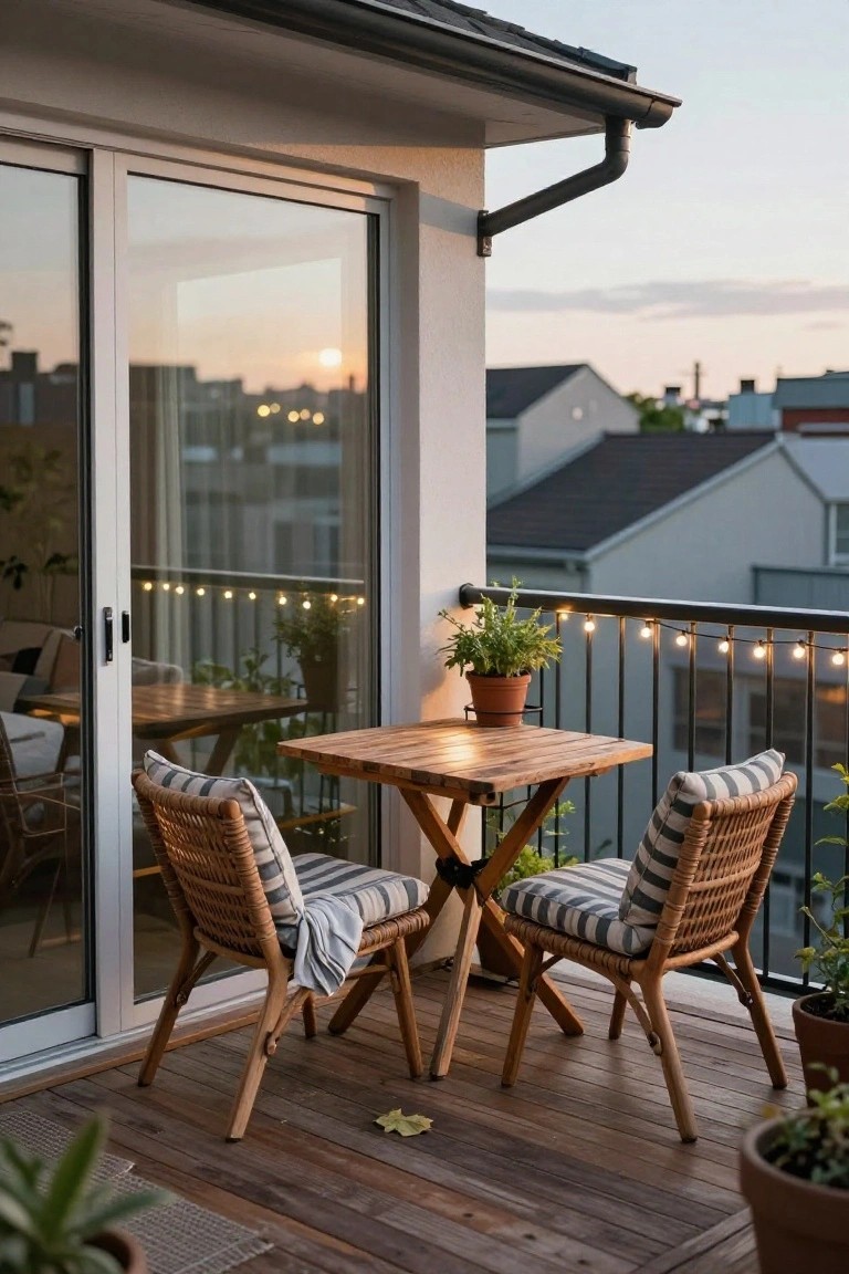 Small square wooden table with two rattan chairs and striped cushions on a wooden deck balcony, potted plants around, string lights on black railing, large sliding glass doors open to interior, city buildings and sunset in background.
