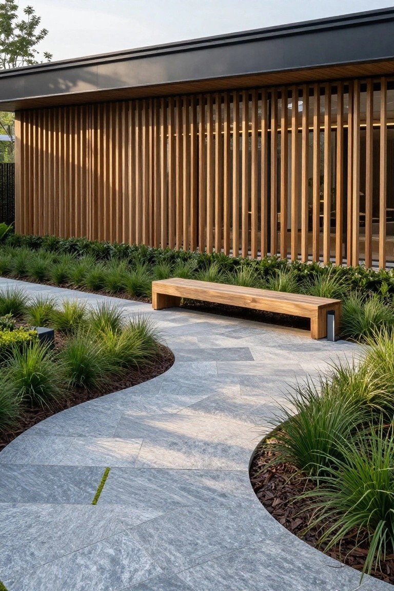 Modern house exterior featuring vertical wooden slats screening glass walls, with a wooden bench positioned beside a curved gray stone path surrounded by low green grasses and plants.