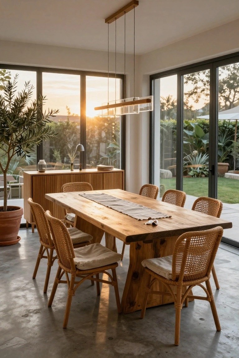 Indoor dining area featuring a large rectangular wooden table with rattan chairs, wooden sideboard, potted plants, and large glass doors opening to a garden at sunset.