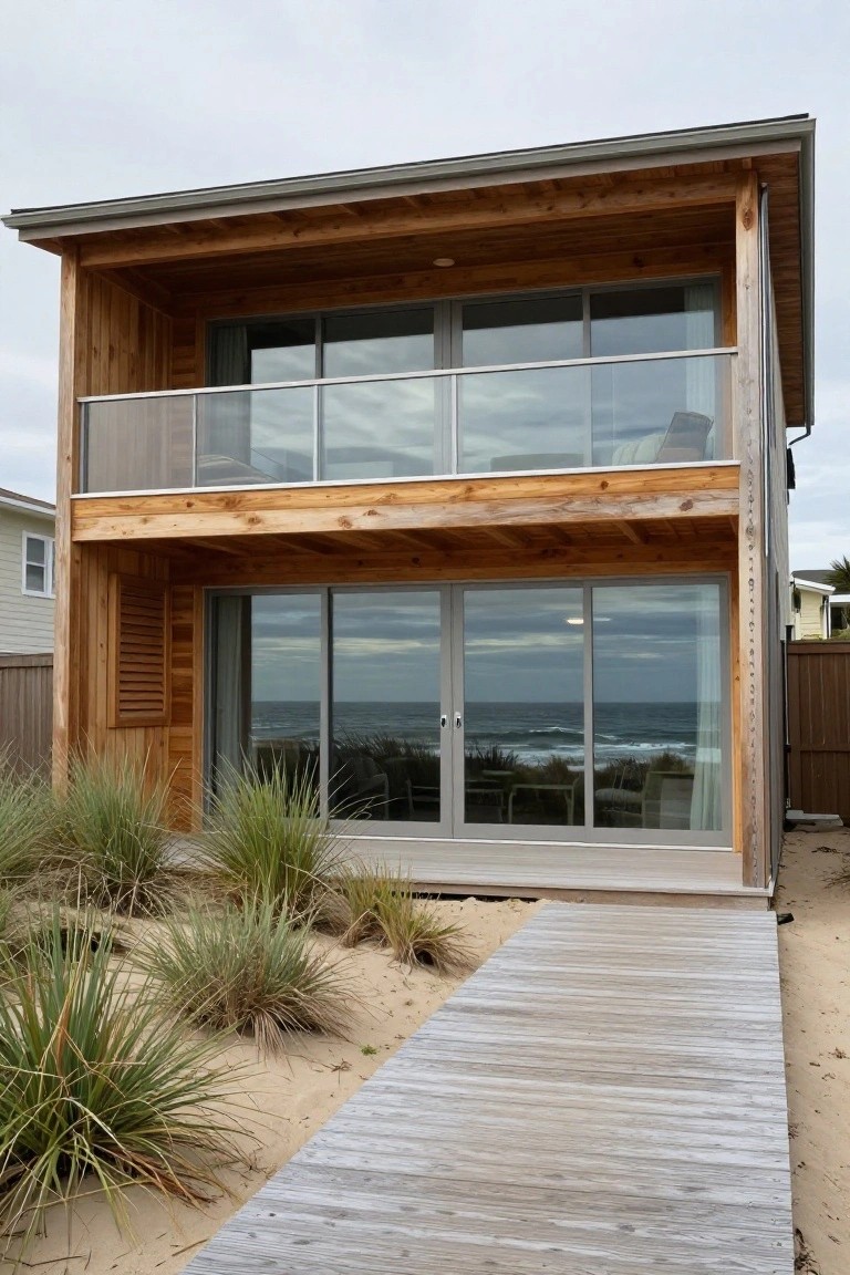 Two-story beach house with vertical cedar wood cladding, large sliding glass doors on the ground floor and glass balcony on the upper level overlooking the ocean, flanked by beach grass and a wooden boardwalk path on sandy ground.