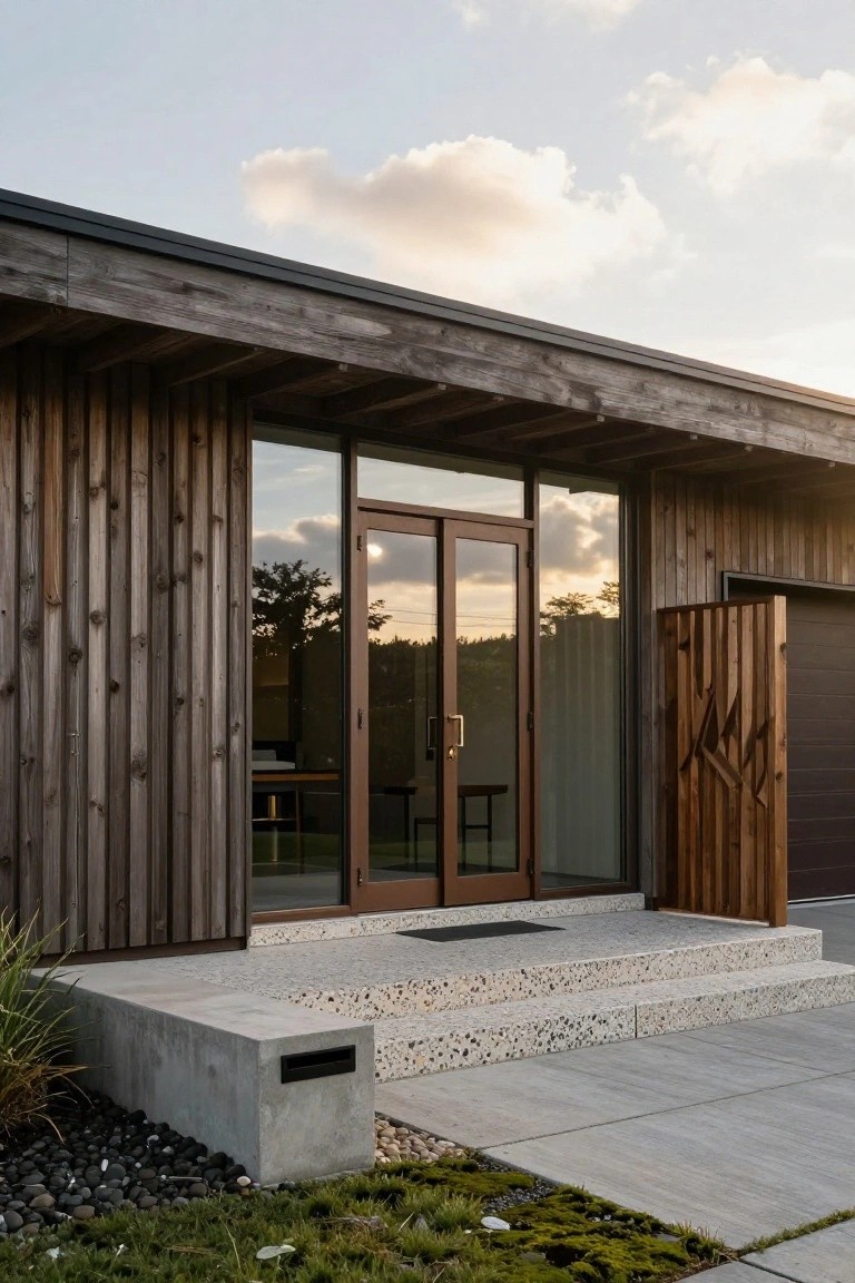 Contemporary house exterior showing vertical dark wood cladding on walls, large double glass doors with wooden frames, aggregate concrete steps leading to the entry, a mailbox in a concrete base, pebbled ground cover, and an adjacent garage door.