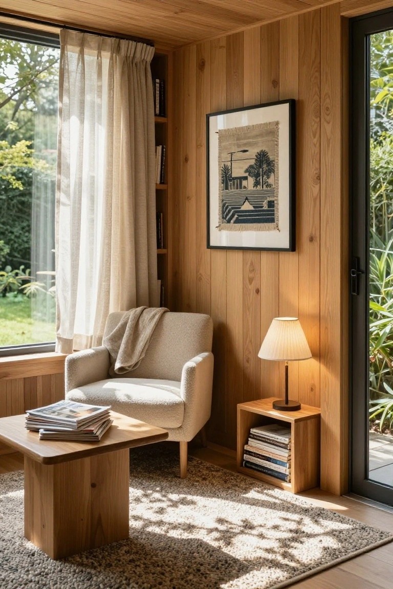 Cozy interior room with light vertical wood paneling on walls and ceiling, beige armchair draped with a throw, wooden low coffee table with stacked magazines, wooden side table holding a lamp and books, built-in bookshelves, sheer curtains on large windows, and glass door overlooking lush green garden.