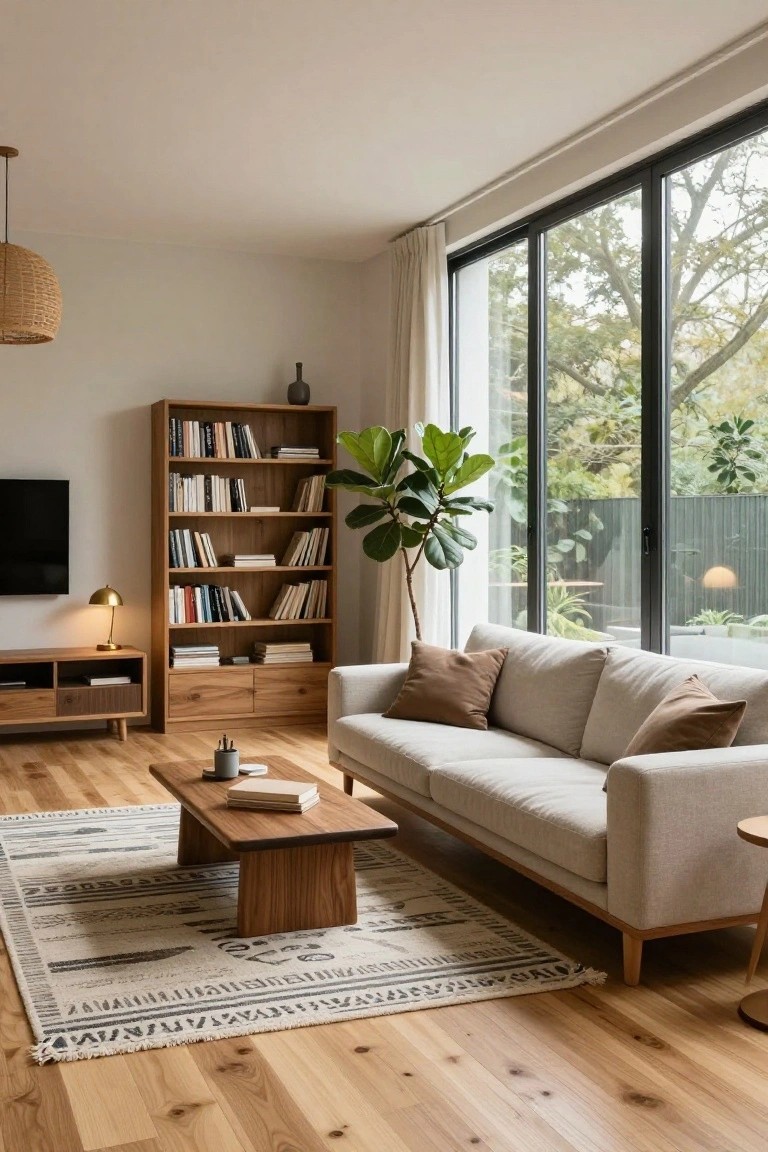 Modern living room with light wood flooring, tall wooden bookshelves stocked with books, beige sofa with tan pillows, wooden coffee table on a patterned rug, potted ficus plant, brass lamp, and large sliding glass doors overlooking trees and greenery.