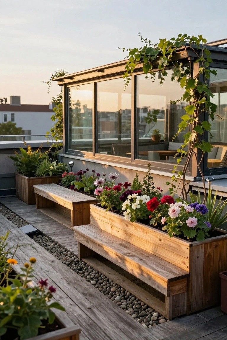 Rooftop terrace with wooden benches adjacent to large wooden planter boxes filled with colorful flowers including reds, pinks, whites, and purples, next to a glass-walled structure with ivy climbing it, on a wooden deck with pebble paths.